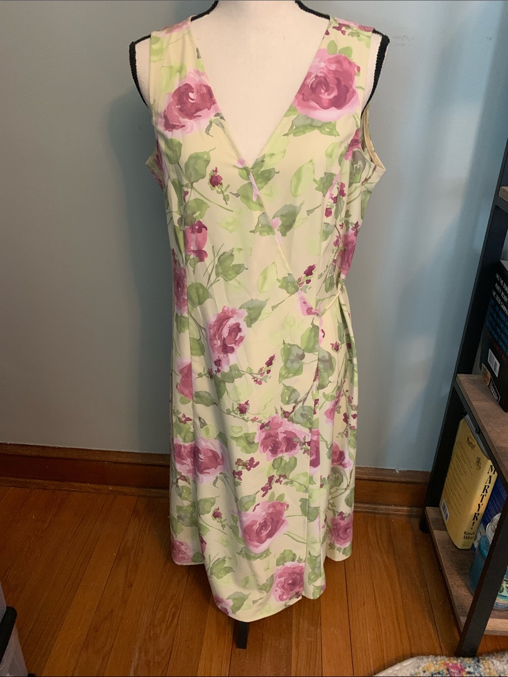 Norton McNaughton Cream Midi Floral Wrap-Style Dress with Pink Rose Print
